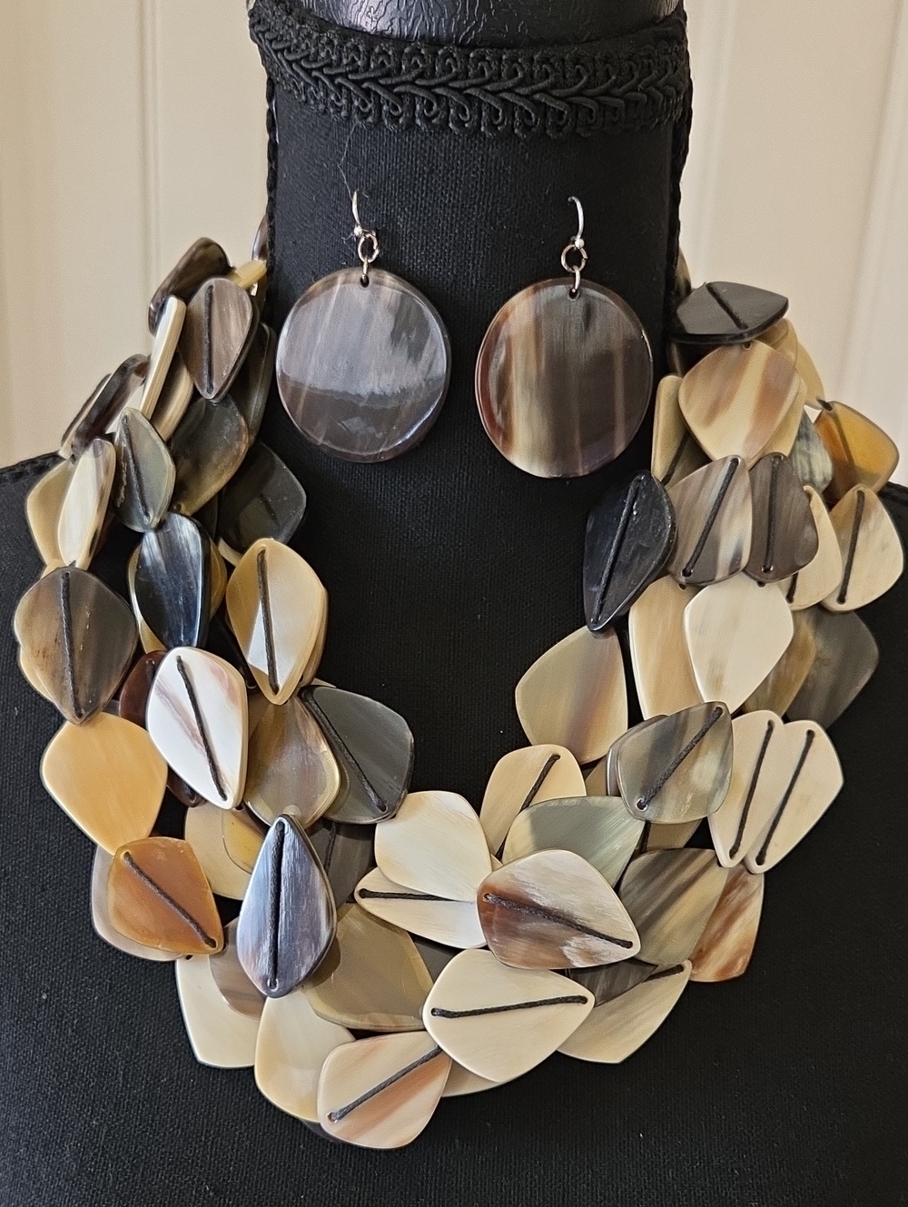 Handcrafted Neutral Horn Colored Resin Teardrop Necklace & Earrings Set